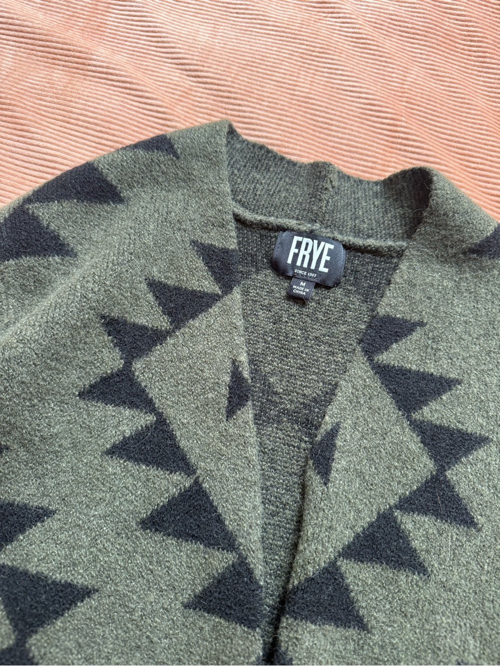 Frye Olive Green & Black Geometric Knit Cardigan - Picture 2 of 5